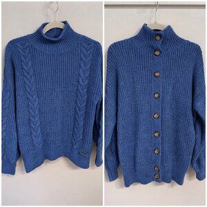 Abercrombie & Fitch Cable Knit Mock Neck Buttoned Back Sweater Blue Heathered XS
